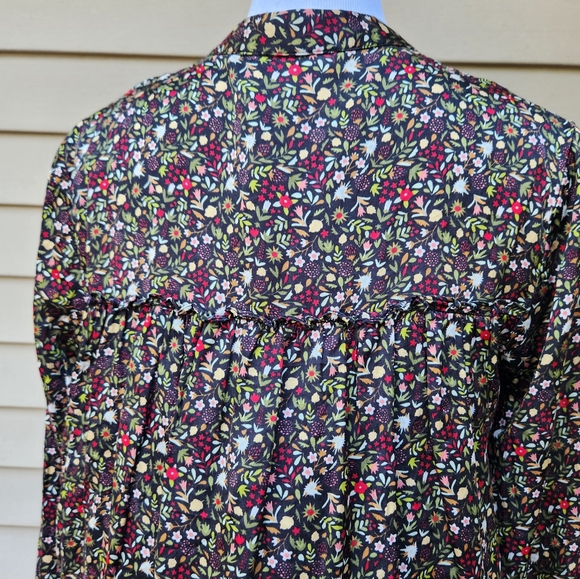 Saccharine Multicolor Floral Print Button-Up Blouse Ruffle Trim Cotton Silk - Picture 8 of 12
